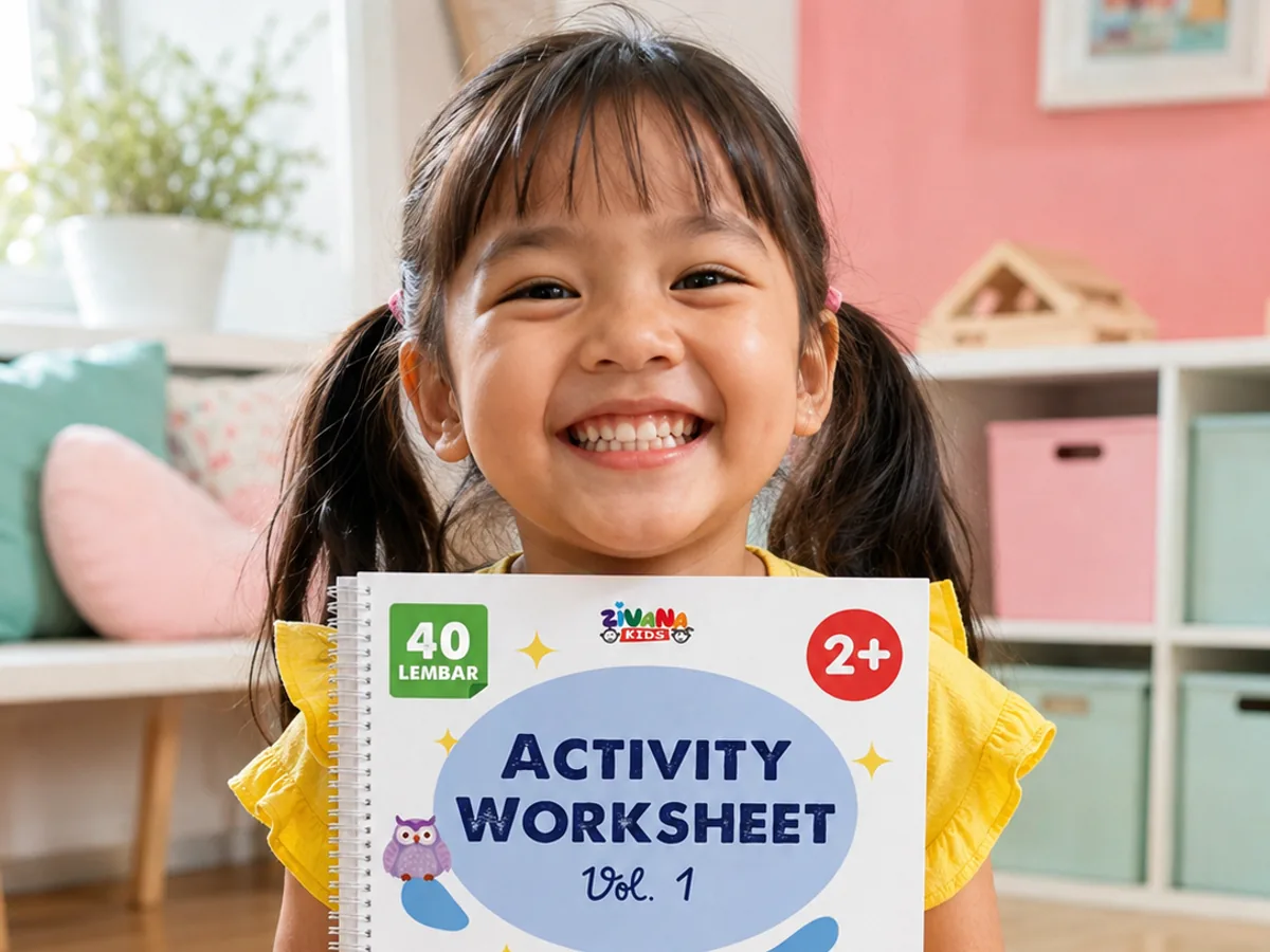 Seorang anak perempuan tertawa lebar sambil menunjukkan Activity Worksheet Vol. 1 dari Zivana Kids